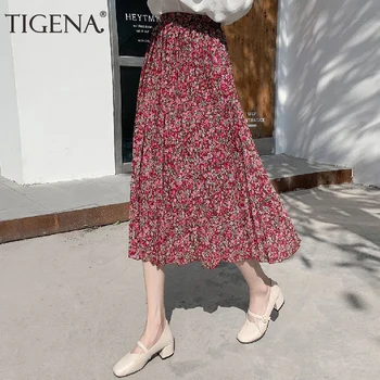 

TIGENA Cute Floral Print Chiffon Long Skirt Women Fashion 2020 Summer Korean High Waist Pleated Maxi Skirt Female with Lined