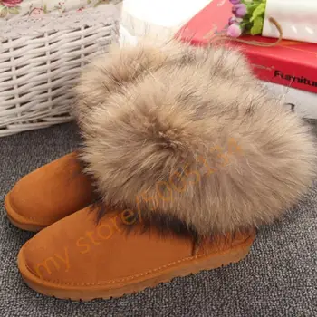 

Women Boots Genuine Leather Real Fox Fur Brand Winter Shoes Warm Black Round Toe Casual Plus Size Female Snow Boots DE