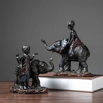 

Retro Elephant Art Sculpture Exotic Black People Child Elephant Statue Ornaments Resin Craft American Home Decoration R4456