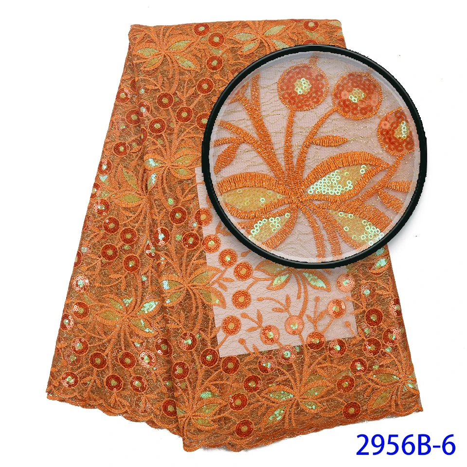 Жженые оранжевые нигерийские кружева сеточка последовательная кружевная ткань Африканская вышитая ткань с блестками для свадебных платьев XZ2956B
