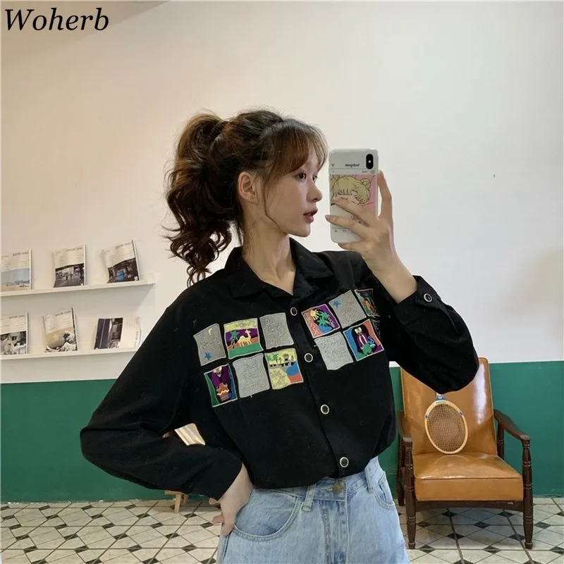 Woherb блузка хараджуку 2020 корейский Kawaii мультфильм шаблон вышивка Корейская Милая
