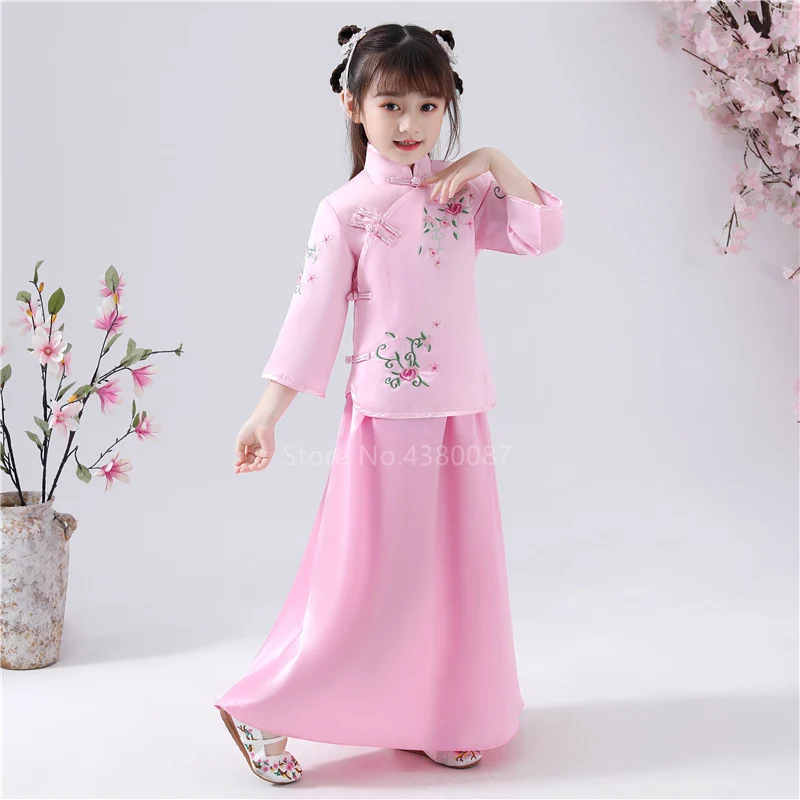 Китайское традиционное платье, 4 цвета, Чонсам для маленьких девочек, сценический костюм с цветочной вышивкой и длинными рукавами, Qipao Tamg