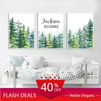 

Woodland Poster Custom Name Canvas Art Print Tree Painting Nursery Wall Art Posters Nordic Baby Room Bedroom Decorative Picture