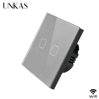 

UNKAS 2 Gang EU/UK WIFI Smart Touch Switch APP wireless switch Light Wall Switch Gray Crystal Glass Panel
