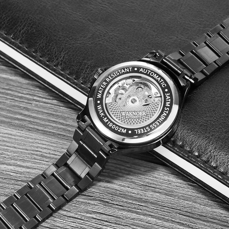 Tanie WAKNOER automatyczny zegarek mechaniczny mężczyźni ze stali nierdzewnej wodoodporna faza księżyca Luminous luksusowy biznes Tourbillon zegar Montre Homme