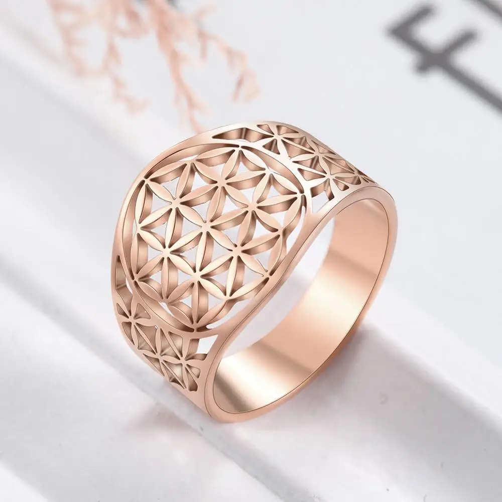 thumbnail interactive-video image 1 of Flower Of Life Ring – Stainless Steel Filigree Ring With Clear Zircon, Vintage Style For Women 1 of 11