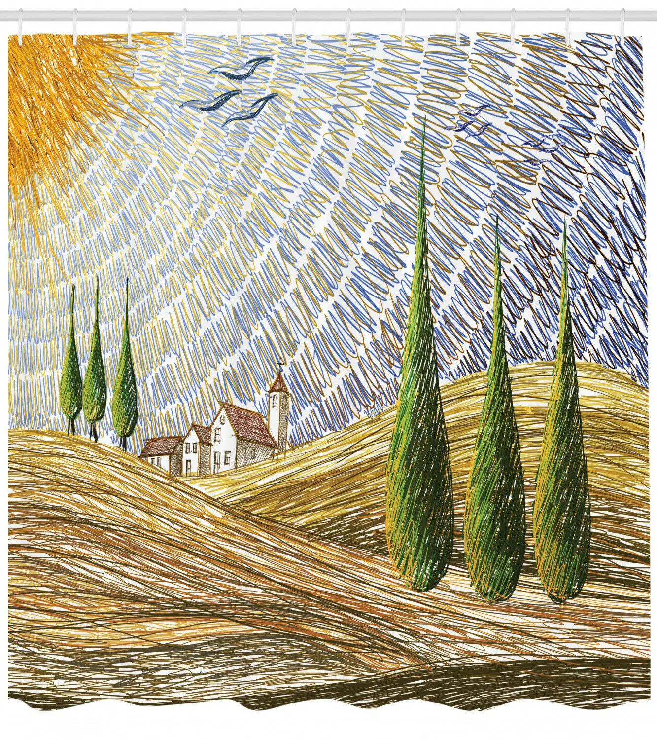 Valley Fields and Scenery Van Gogh Style Digital Art Print Shower Curtain Set | Дом и сад