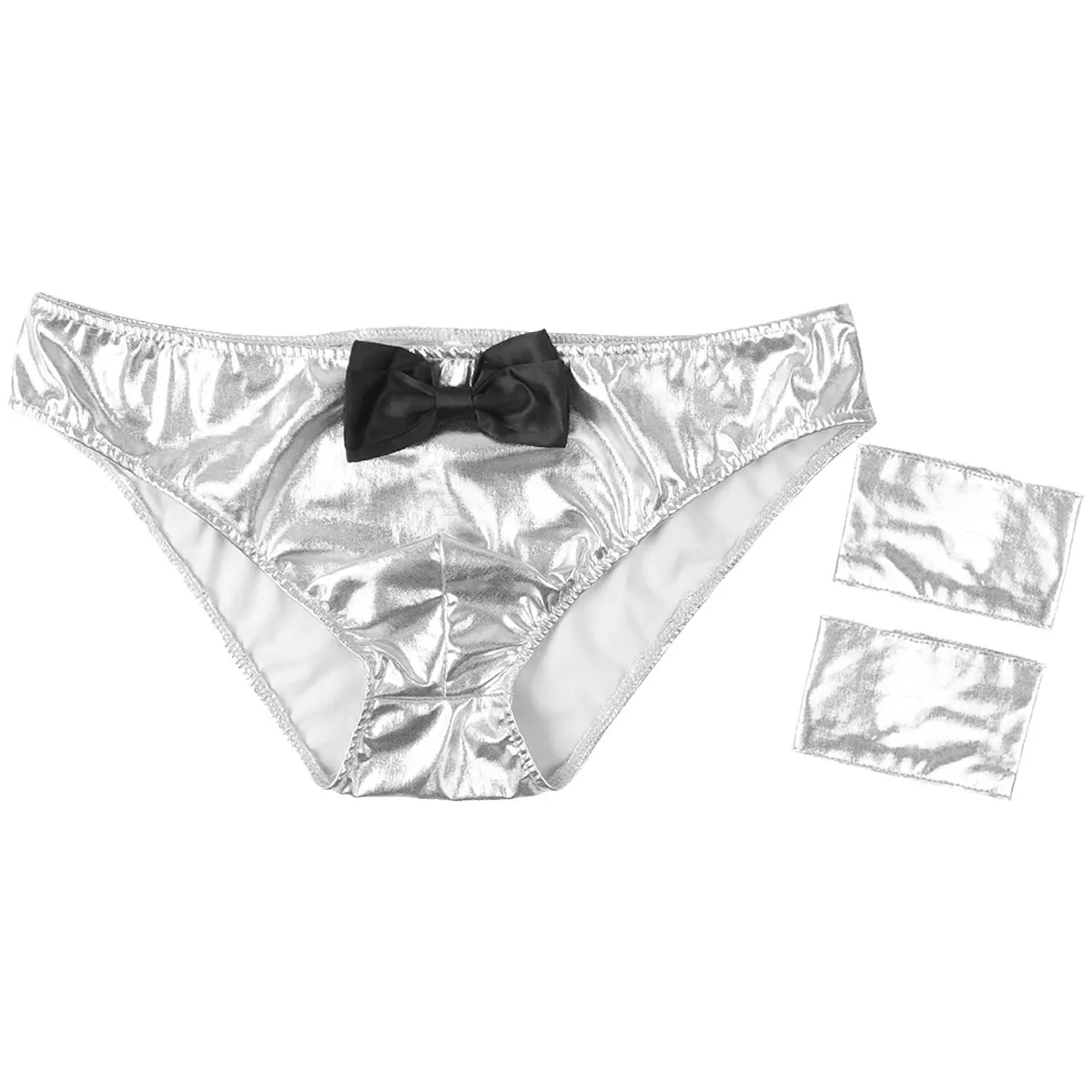 Sexy Lingerie Mens Shiny Metallic Briefs Panties Sexy Evening Party Clubwear Low Rise Bulge Pouch Briefs Underwear with Cuffs white knee high stockings