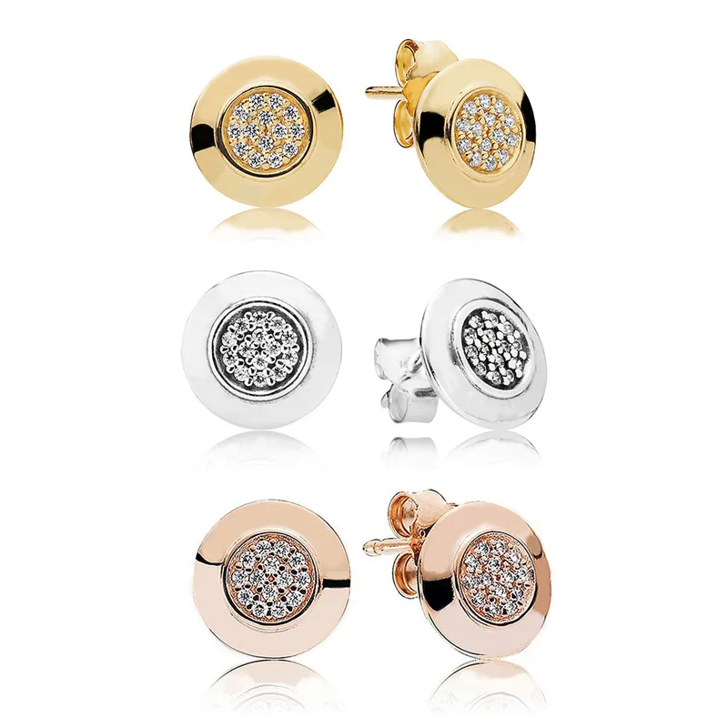 

Authentic 925 Sterling Silver Earring Golden Signature WIth Crystal Stud Earring For Women Wedding Gift Fine Europe Jewelry