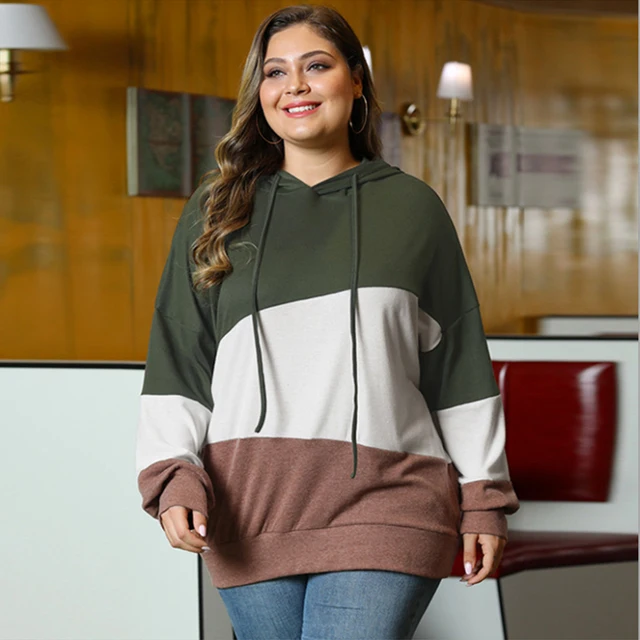 Fioncrow Women Plus Size Pullover Hoodie Colorblock Striped Long Sleeve Hooded Sweatshirt With Hood Autumn 2021 Women's Clothing green hoodie