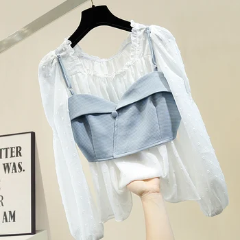 

Blouse Women Slash Neck Frilled Chiffon Shirt + Camisole Top Two-Piece Set Ladies Tops Blouses Blusas 2020 Spring New