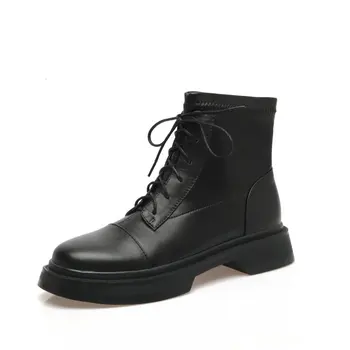 

Top Quality Loafer Winter Women's Boots Cross Tied Genuine Leather med Heels Boots platform Boots Party Basic Shoes Woman