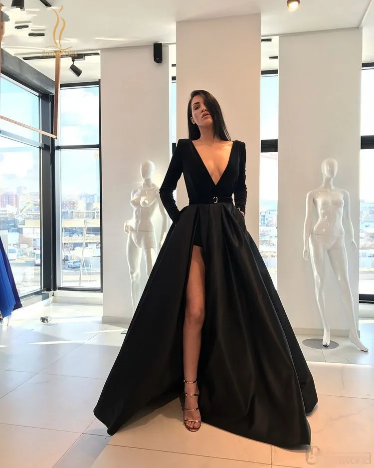 Burgundy_Muslim_Evening_Dresses_2019_V_Neck_Velour_Satin_Formal_Dress_With_Pockets_High_Slit_Elegant (2)_conew2