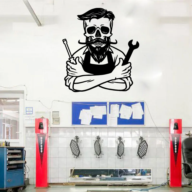 Large Auto Service Car Repair Skull Wall Sticker Piston Wrench Skull Garage Car Repair Wall Decal Shop Decor Vinyl  (2)