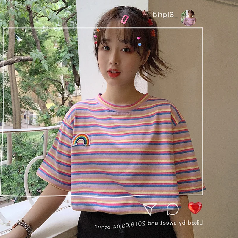 Футболка женская в радужную полоску Повседневная модная Свободная рубашка стиле
