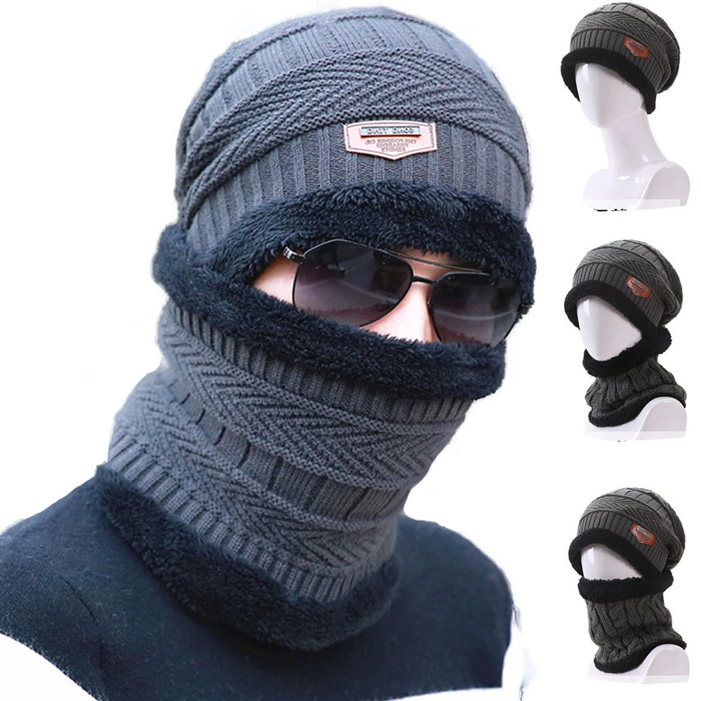 2PCS Men's Women's 2 Sided Beanie Winter Warm Knit Ski Knitted Scarf Hat Windproof Couple Hat Slouchy Hats with Pom Scarves
