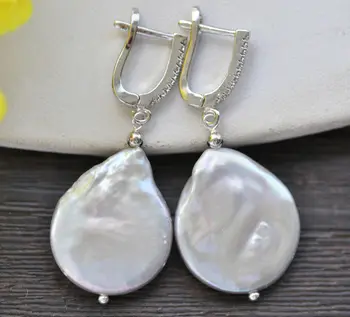 

24mm Gray Drop-Coin Freshwater Pearl Dangle Earring CZ