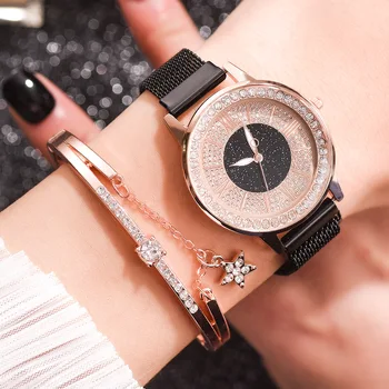 

2pcs Set Ladies Magnetic Starry Sky Clock Luxury Women Watches Fashion Diamond Female Quartz Wristwatches Relogio Feminino A3786