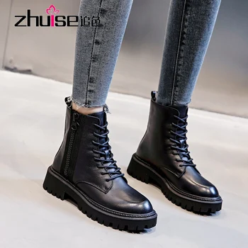 

Leather Martin boots for women British style autumn winter real wool medium length short boots thick sole leather shoes for wome