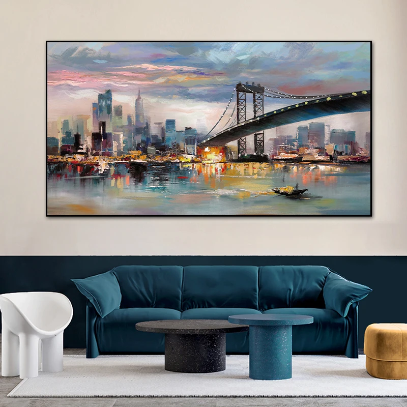 

Modern City Building Poster Scenery Pictures for Home Abstract Oil Painting on Canvas Wall Art for Living Room Decoration