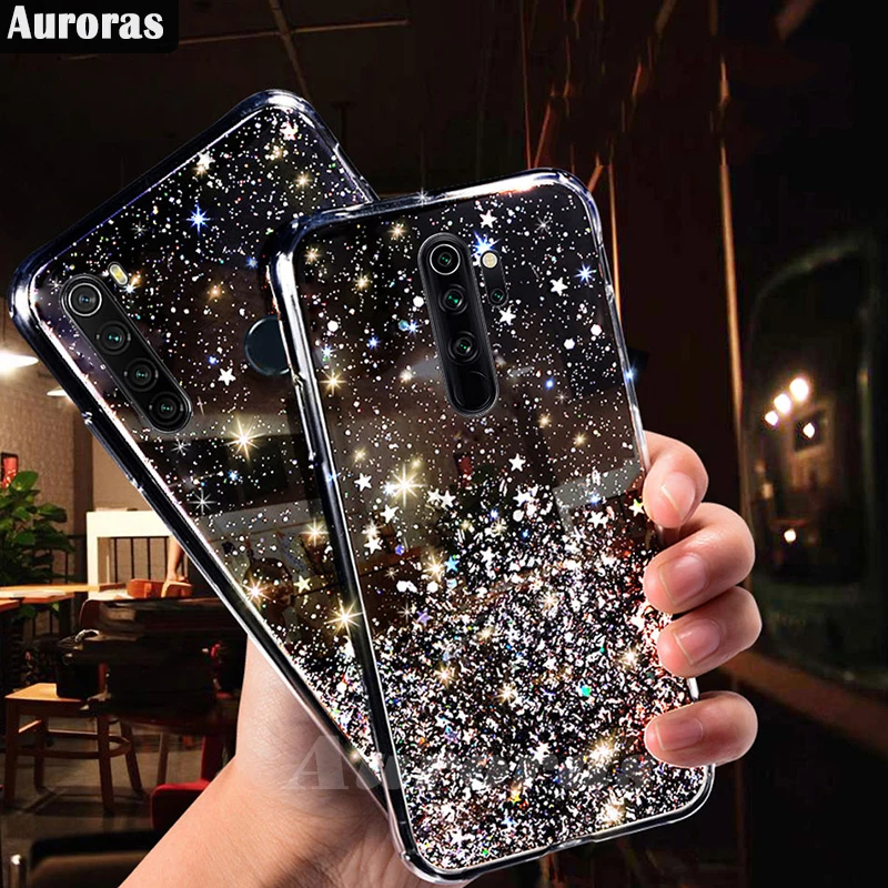 

Auroras For Redmi Note 8 Glitter Bling Sequins Case For Redmi Note 8 Pro Starry Sky Transparent Soft Cases Cover Full Stars Moon