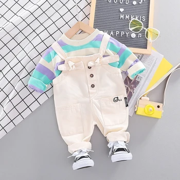 

2020 Toddler Infant Clothing Sets Spring Baby Boys Girls Stripe Tops Bib Pants Child Outdoor Casual Vacation Clothes
