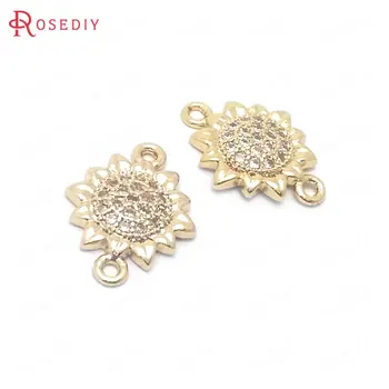 

(39068)4PCS 14.5x11MM 24K Gold Color Brass and Zircon 2 Holes Sun Flower Connect Charms Pendants Jewelry Making Diy Accessories