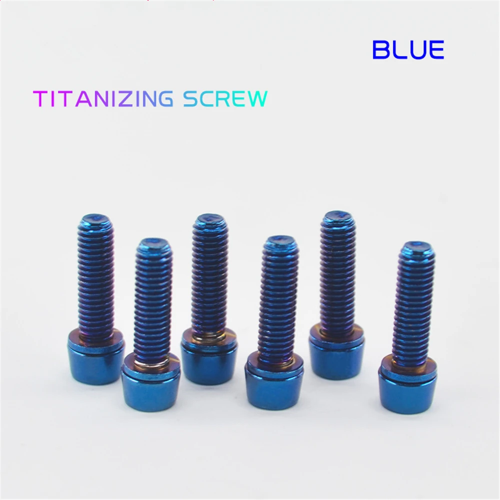 Rainbow Titanium Plated Screw With Washer Bicycle Handlebar Bike Stem Headset Bolts Colorful Gold Screws M5/M6*18mm 6pcs - Color: M5X18MM Blue