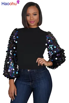 

HAOOHU Sequin Lantern Long Sleeve T Shirt Women Fashion Top Fall Winter Clothes Turtle Neck Tshirts Streetwear Rave Tees Shirt
