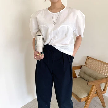 

Summer Women Two Piece Set Outfits Short Sleeve O-neck Loose Solid Color Blouses and High Waist Wide Leg Pants 2 Piece Sets