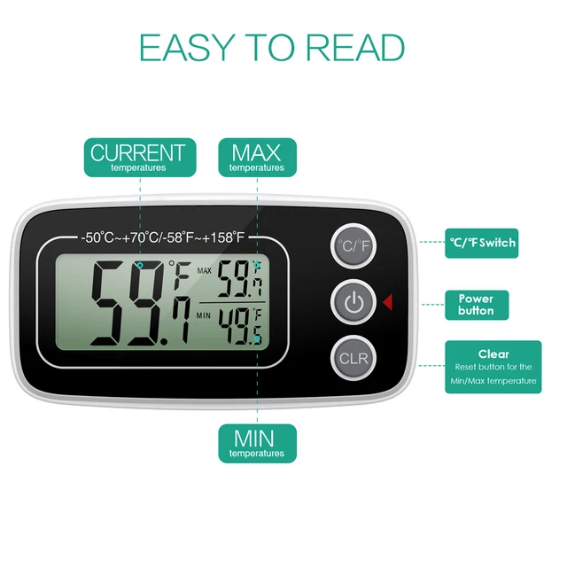 Termometro Digitale Per Frigorifero E Congelatore ORIA - 2 Pezzi, Con Magnete E Gancio - Foto 2