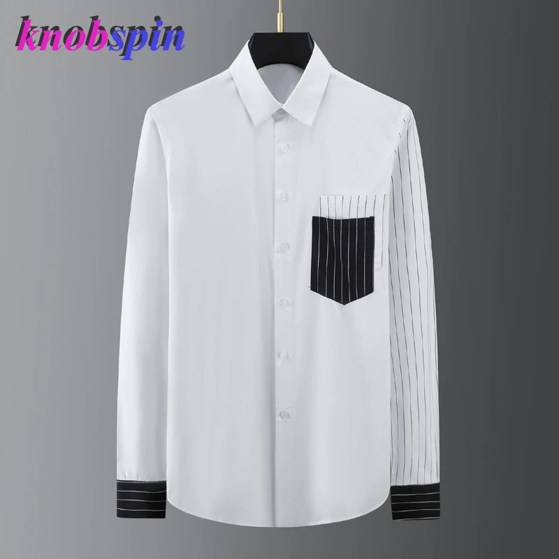 Camisa de manga larga para hombre, camisa masculina de diseño de telas combinadas, de lujo, con dos bolsillos, estilo informal negocios|Camisas vestir| - AliExpress