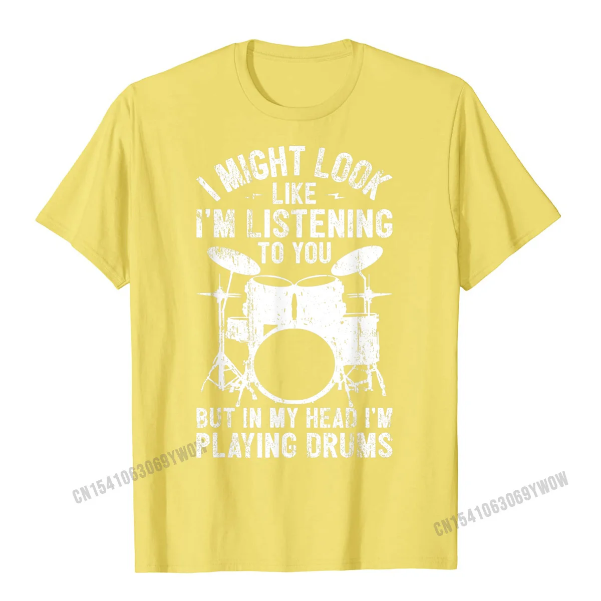 Customized Summer Fall Cotton Crew Neck Tops T Shirt Short Sleeve Gift Clothing Shirt Faddish Casual T-shirts Free Shipping Drum I Might Look Like Im Listening Playing Drummer Band T-Shirt__98 yellow