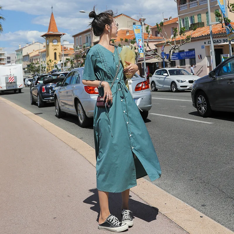 

Han ban qun Fairy Immortal MORI Series 2020 Summer Wear New Style Slim Fit Drawstring Waist Slimming Suit Collar Slim Dress
