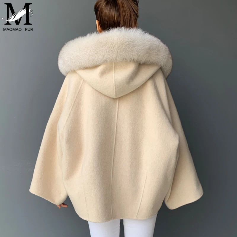 Элегантное женское кашемировое пальто, Весенняя однотонная женская верхняя одежда, короткий стиль, натуральный мех, с капюшоном, шерстяное пальто