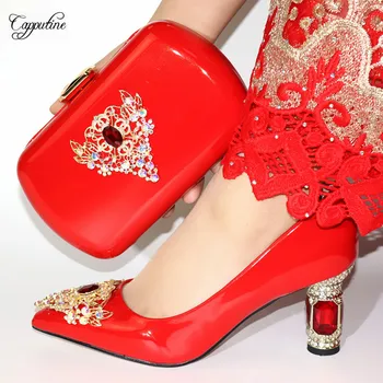 

Nice red wedding/party high heel pointed toe shoes and handbag set nice matching for lady dress VC894,heel height 7.5cm