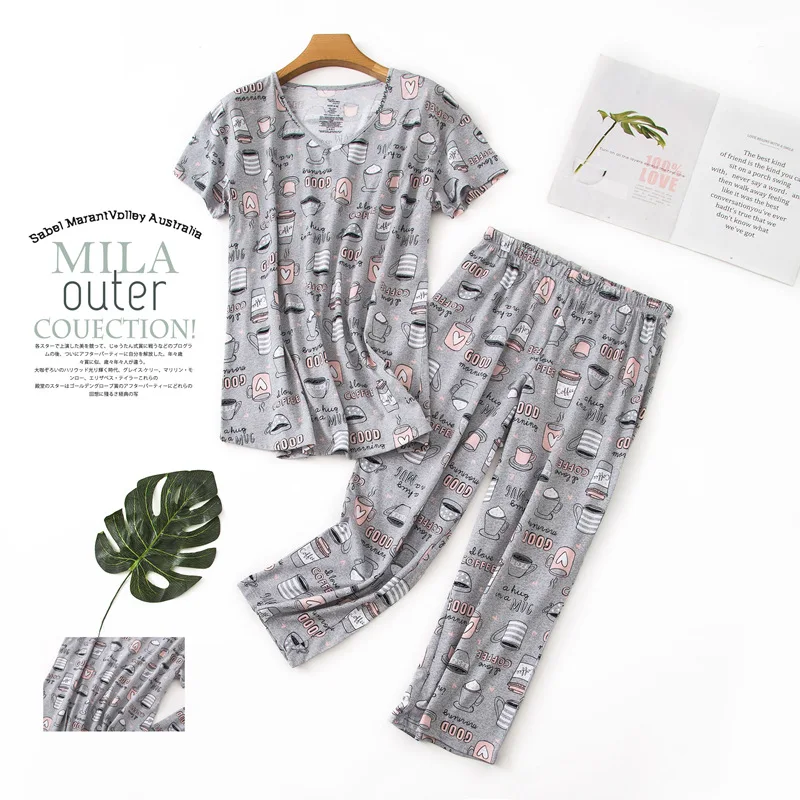 Spring Summer Short Sleeves Capri Nightgown Women 100%Cotton Pajamas Set Loose Casual Cute cartoon Homewear Large Size 3XL Spring Summer Short Sleeves Capri Nightgown Women 100%Cotton Pajamas Set Loose Casual Cute cartoon Homewear Large Size 3XL