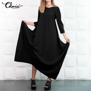 

2020 Fashion Solid Shirt Dress Women Celmia 3/4 Sleeve O-Neck Loose Elegant Party Dress Casual Asymmetrical Kaftan Vestidos Robe