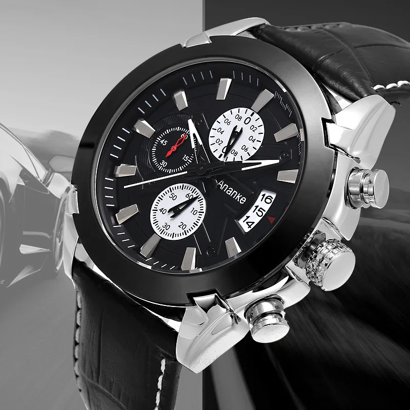 

Men Business Multi-functional Watch Leather Belt Waterproof Non-Analog Watch Small Three Needle Stopwatch Quartz Watch