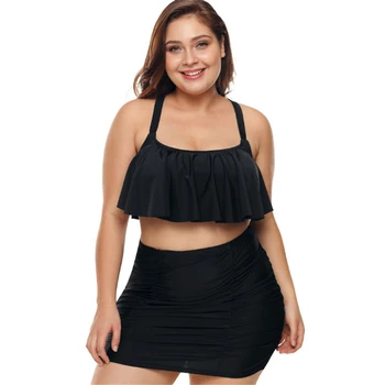 

LA CISNE Pure color high waist big size bikini bathing hot spring fat sister 200 kg skirt split swimsuit women