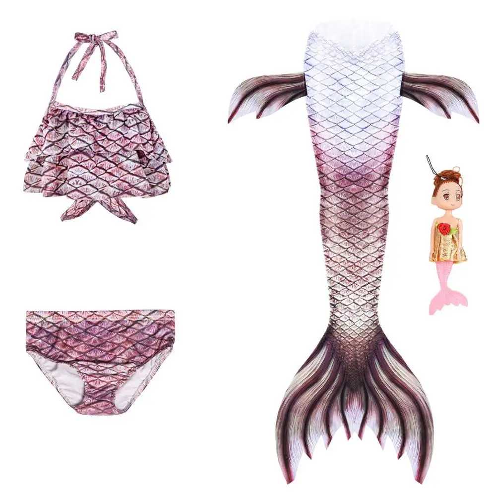 4pcs -6 Купальный костюм для девочек с хвостом русалки; Детский костюм Русалочки для костюмированной вечеринки; купальный костюм с плавником, цветами и куклой Русалочки - Цвет: 4pcs -6