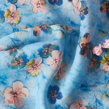 Рами печатная ткань тонкая литературная Ретро синяя ткань для платья высокого класса льняная ткань