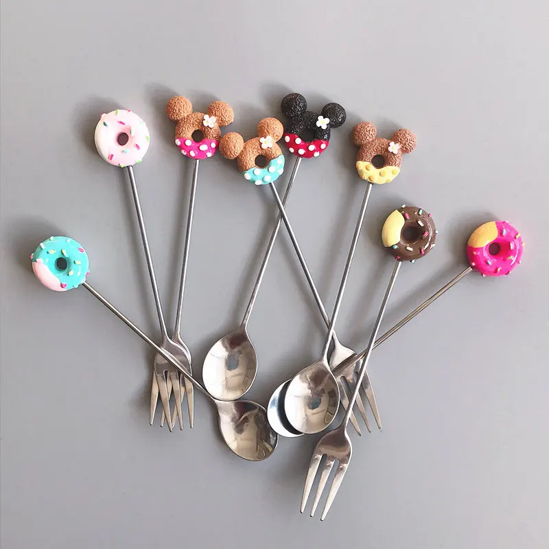 

Candy Small Mini 304 Stainless Steel Doughnut Donuts Coffee Spoon Fruit Fork Stirring Spoon Teaspoon Dessert Tea Spoon Tableware