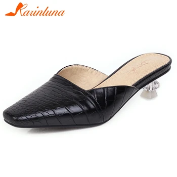 

KARINLUNA 2020 New Ladies Cool Fretwork Med Heel Mules Fashion Square Toe Summer Pumps Women Elegant Shallow Shoes Woman