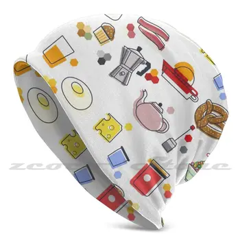 Iconic Breakfast Adult Kids Knit Hat Hedging Cap Outdoor Sports Breathable Breakfast Eggs Banana Pretzel Yogurt Jam Tea Cheese