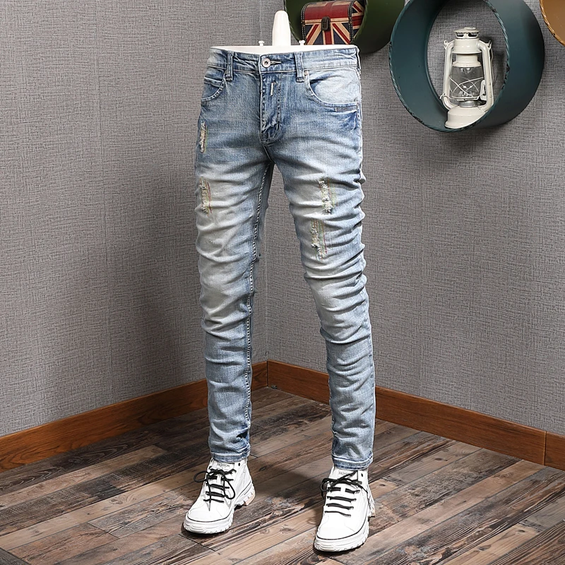 Mens Classic Vintage Light Blue Ripped Jeans Men Fashion Korean Style Embroidery Straight Slim Fit Denim Pants - AliExpress Mobile