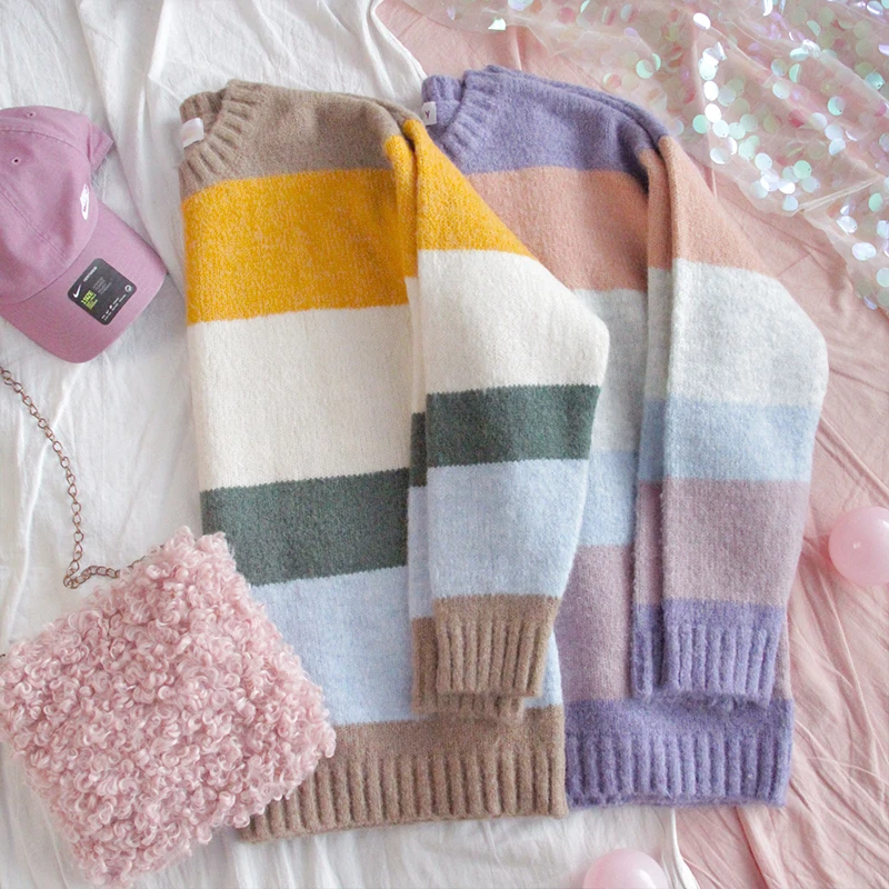 2020 Winter and Spring Rainbow striped sweater Loose pastel color knitted soft for women | Женская одежда