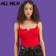 ALLNeon Red Bodysuits For Women Straped Lace Up Front with Lace Backless Skinny Ribbed Body Suits Fashion E-girl Style Rompers ALLNeon Red Bodysuits For Women Straped Lace Up Front with Lace Backless Skinny Ribbed Body Suits Fashion E-girl Style Rompers