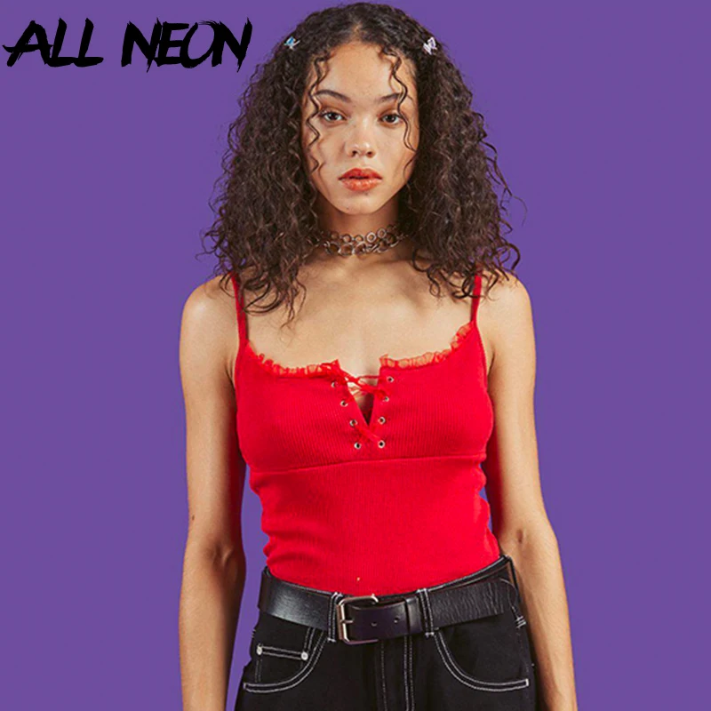 Женские Боди ALLNeon, красные облегающие ребристые боди со шнуровкой спереди и открытой спиной, модные комбинезоны в стиле E-girl Женские Боди ALLNeon, красные облегающие ребристые боди со шнуровкой спереди и открытой спиной, модные комбинезоны в стиле E-girl