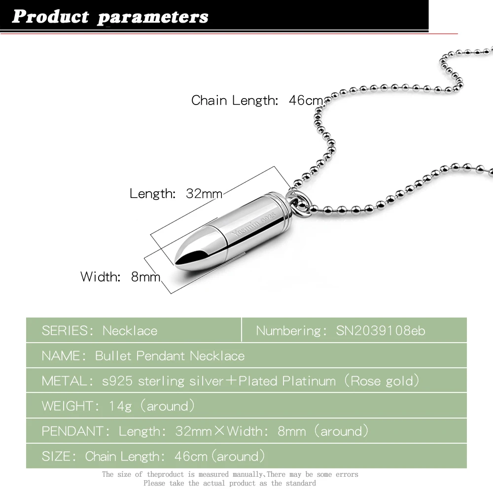 Индивидуальная однотонная 925 Серебряная подвеска в виде пули, модное ожерелье, Стерлинговое Серебро, мужские ювелирные изделия в стиле рок, хип-хоп
